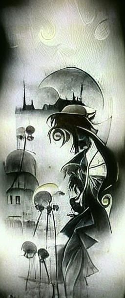 Chibi Character in Noir Style, Art Nouveau