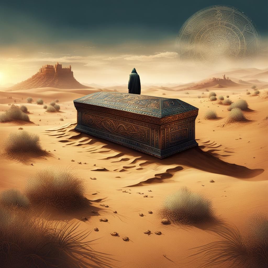 Emaciated Man Crawling in Desert Towards Mysterious Box