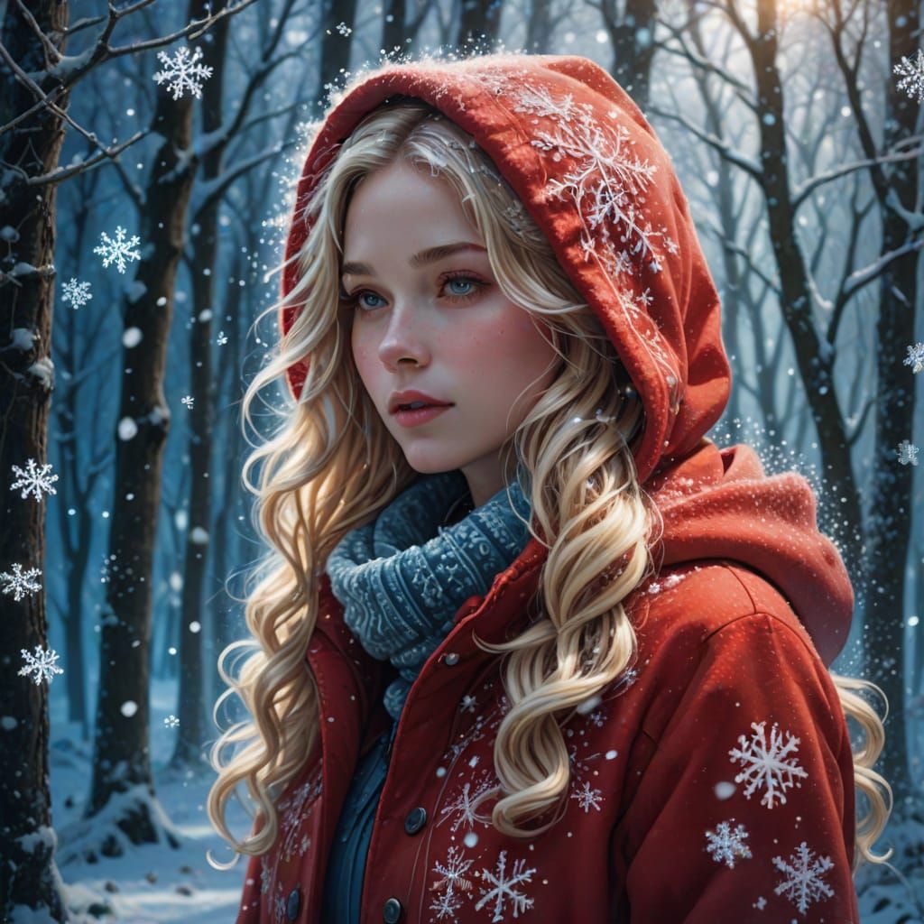 Girl in Magical Winter Forest Blowing Shimmering Snowflakes