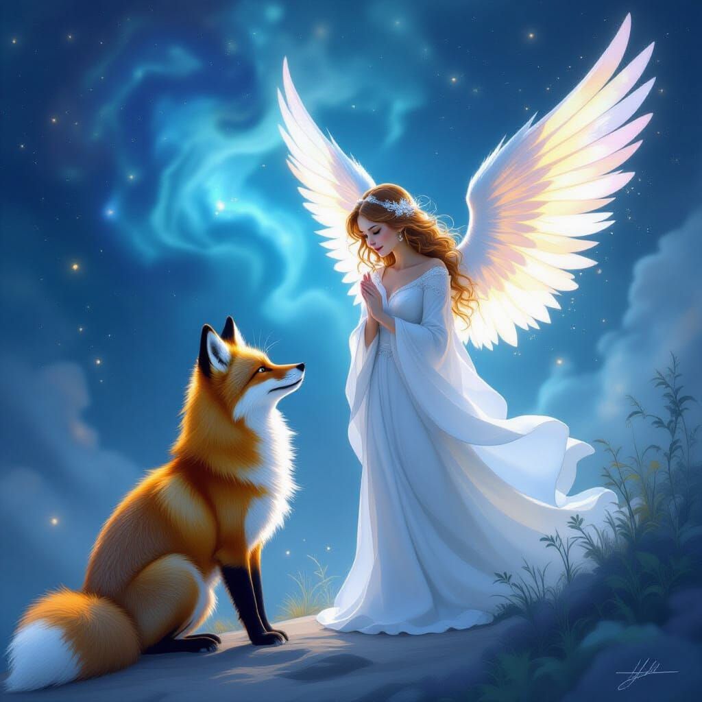 Mischievous Fox with Husky Paws Meets Angel in Nebula