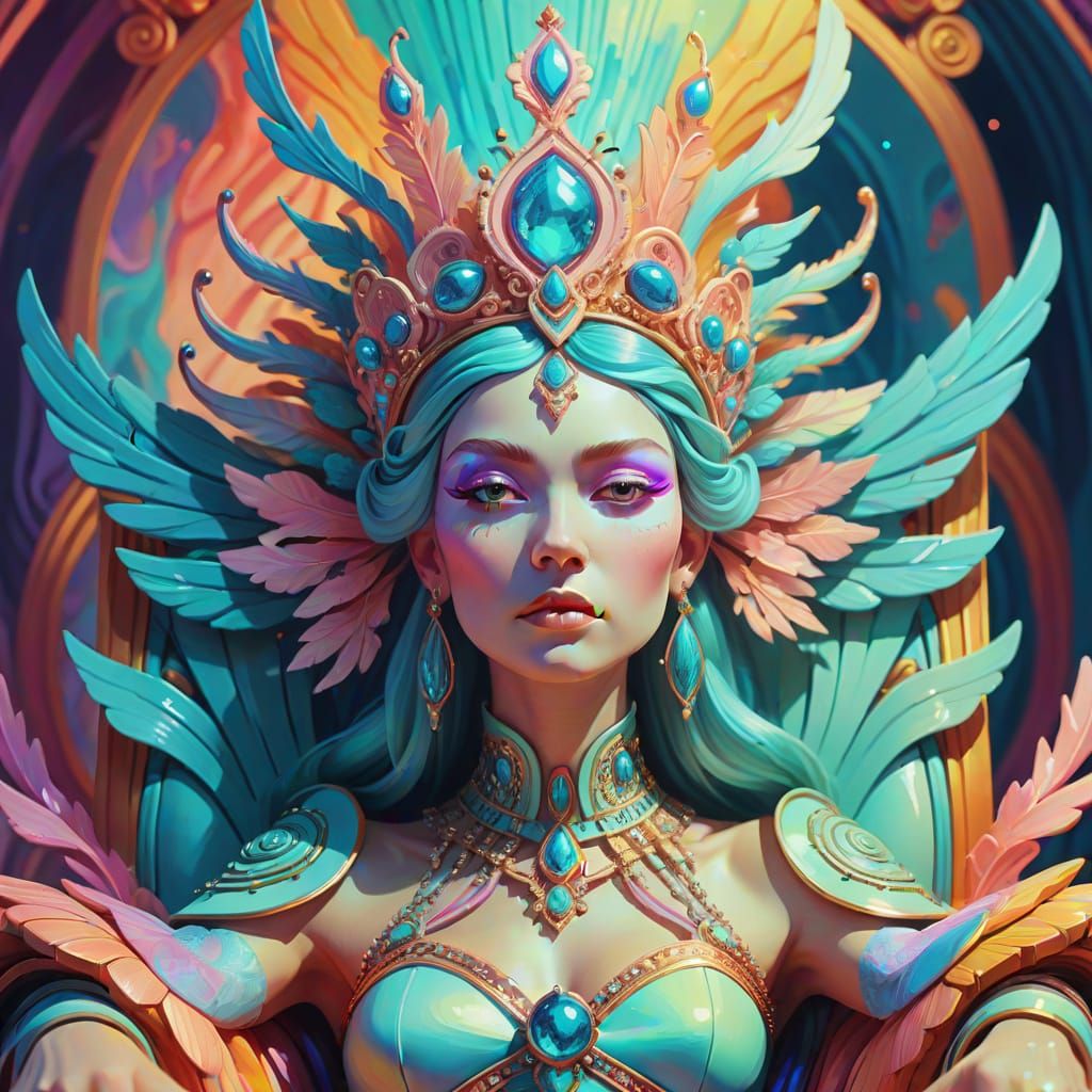 Psychedelic Empress on Throne as Surreal Oil Painting