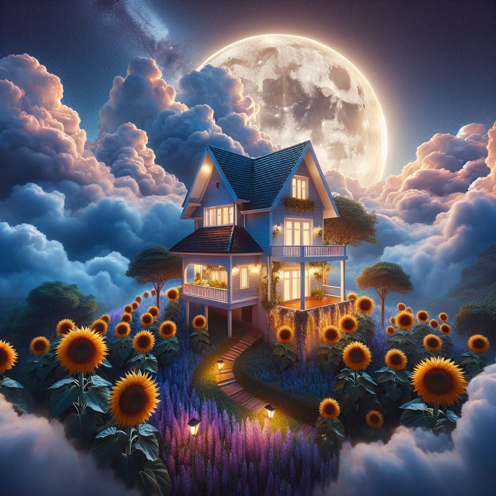 House in Clouds with Sunflowers Under Moonlight