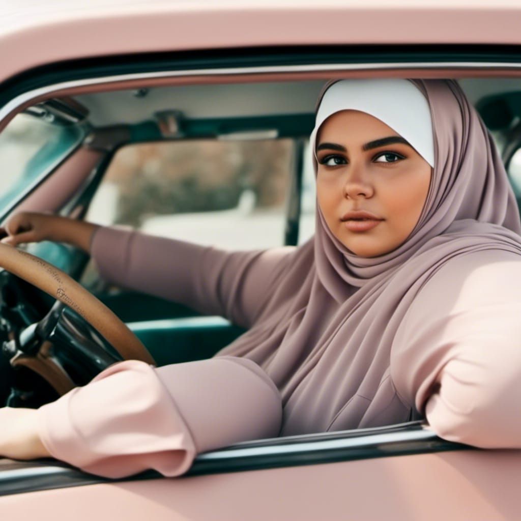 Woman in Niqab Driving Car in Hyperrealism