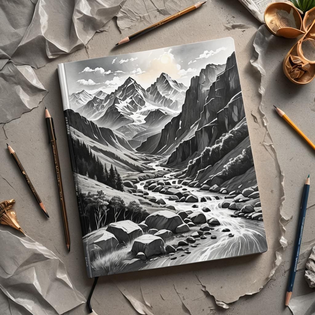 Mountain Landscape Travel Magazine Cover in Charcoal Style