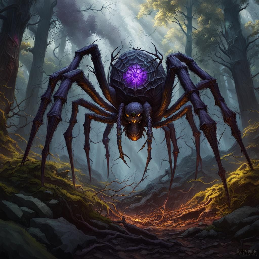 Giant Spider vs Knights in Dark Fantasy Art