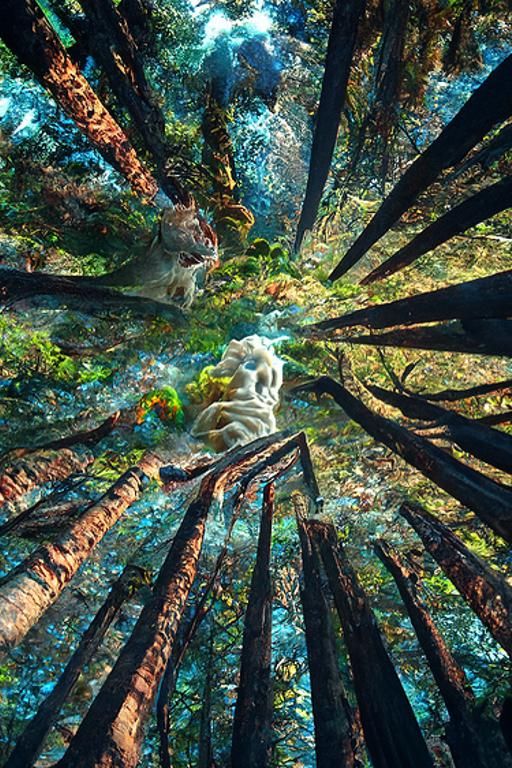 Red Tigers Face Ocean Mountain: Psychedelic Digital Art