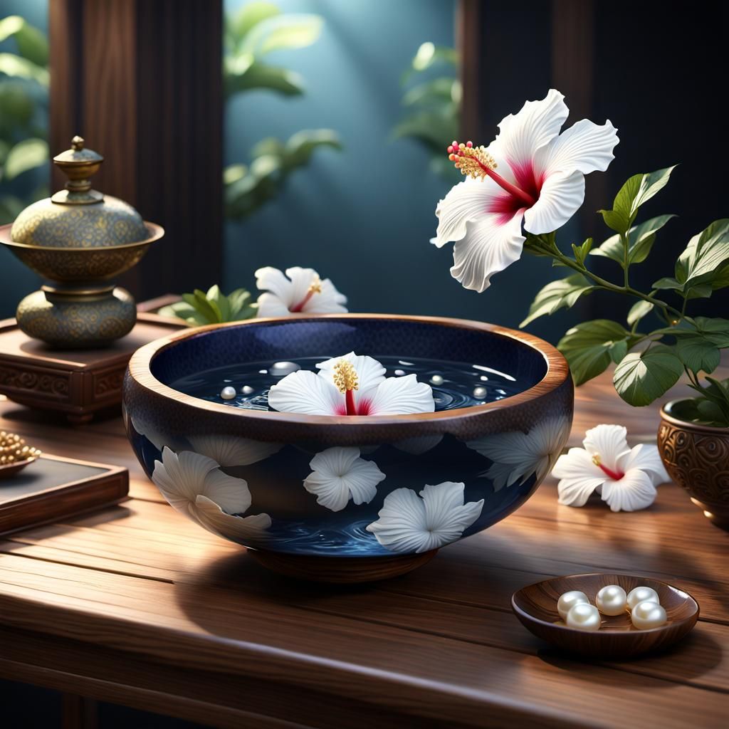 Hibiscus Flower in Asian Bowl with Pearl