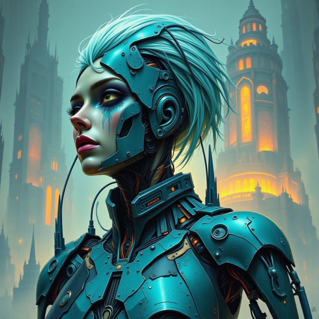 Turquoise Cyborg Female in Dystopian Cyberpunk Style