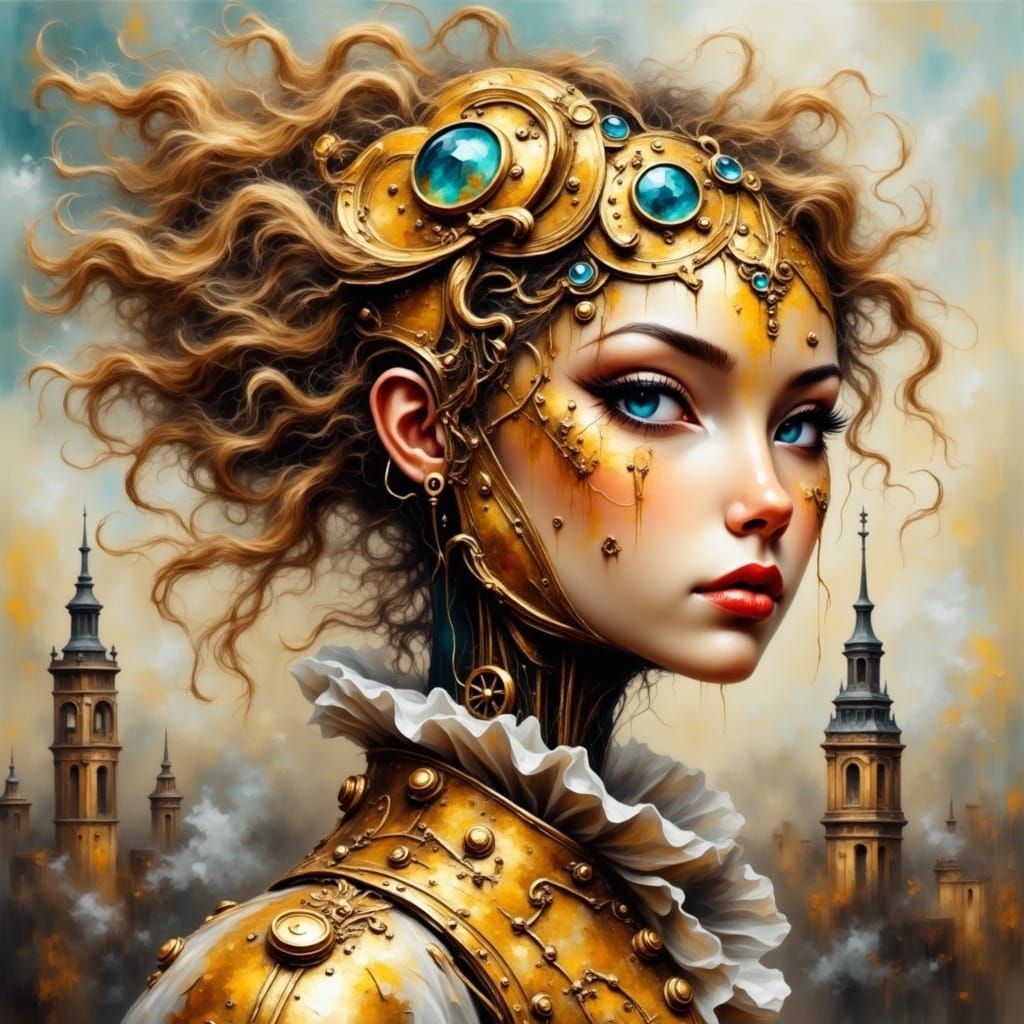 Golden Steampunk Robot in Victorian Cityscape