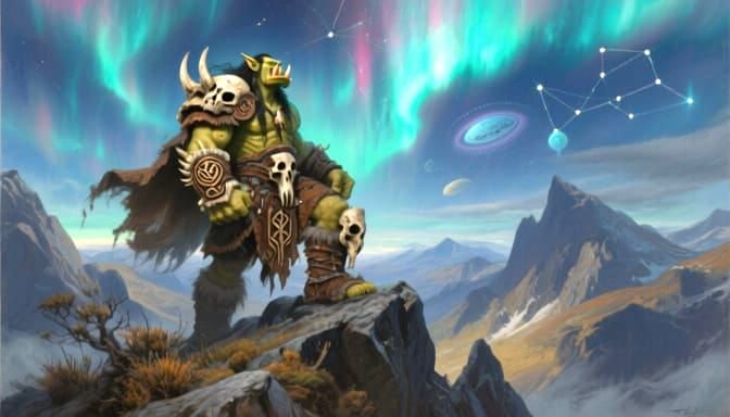 Majestic Orc Chieftain on Mountain Peak Under Aurora Sky