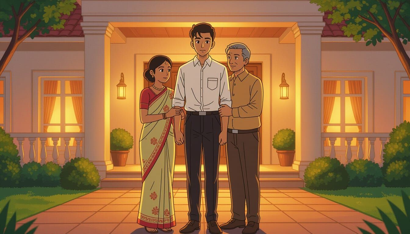 Young Indian Man Hugs Parents at Sunset