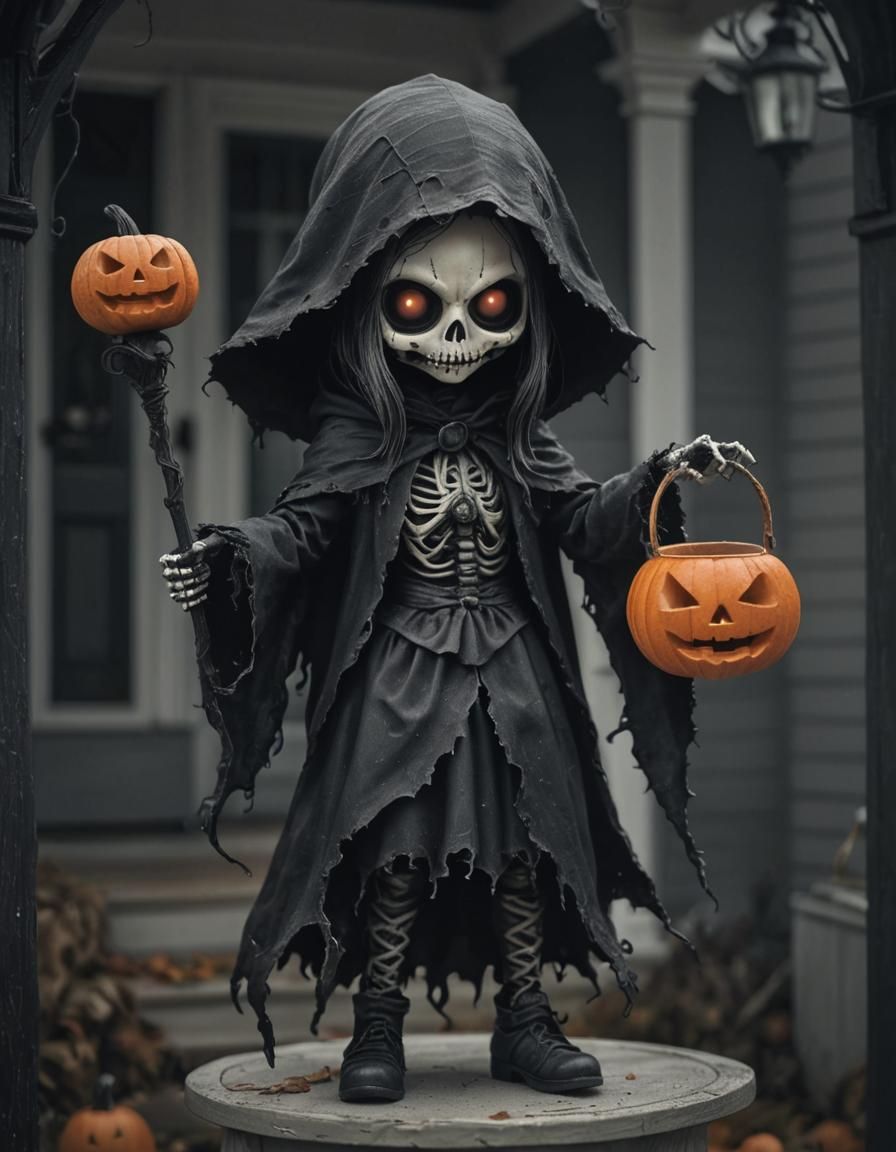 Chibi Grim Reaper Girl on Porch with Jack-o-Lantern