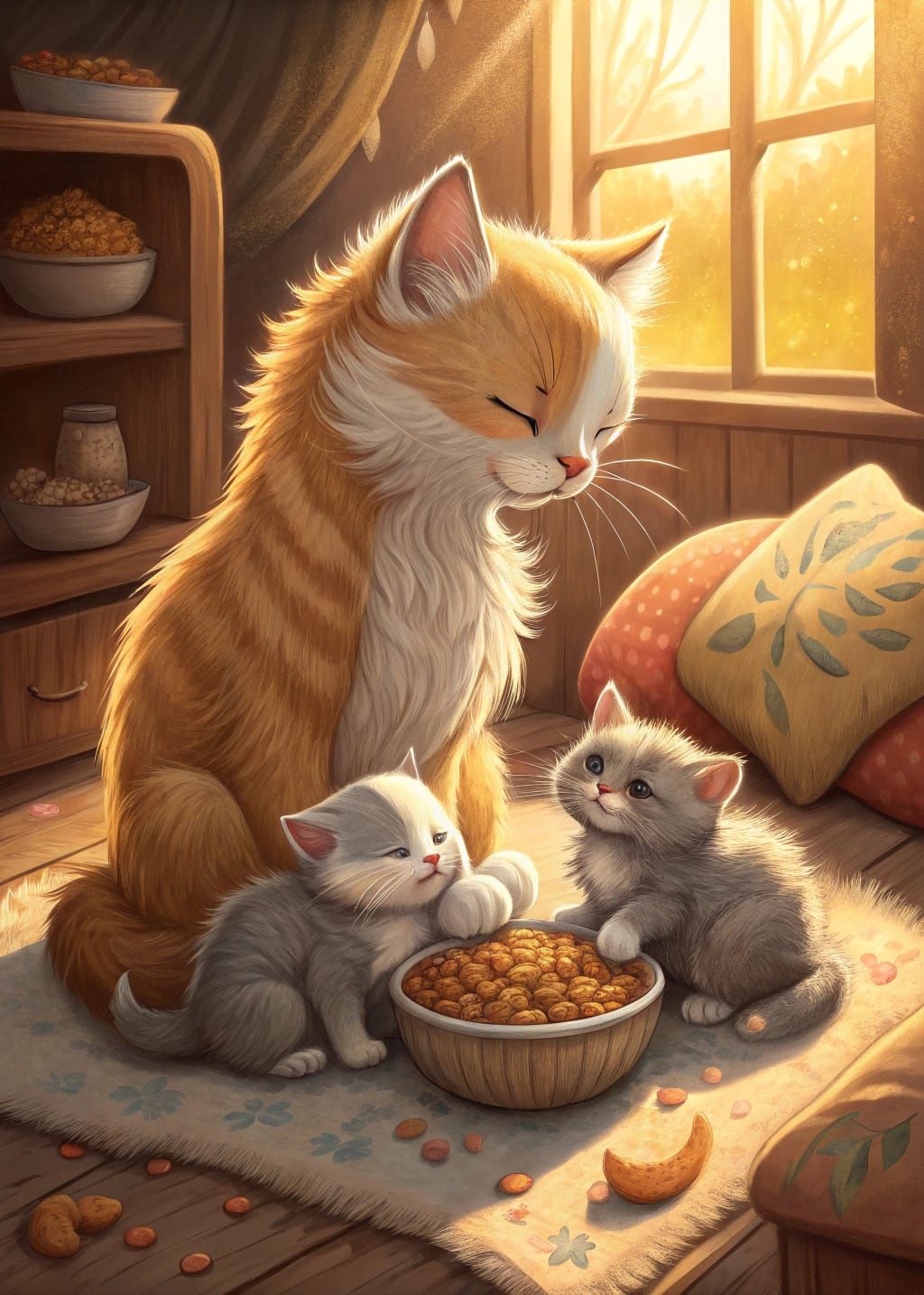 Golden Mother Cat and Kittens Enjoy a Cozy Meal in a Warm, S...