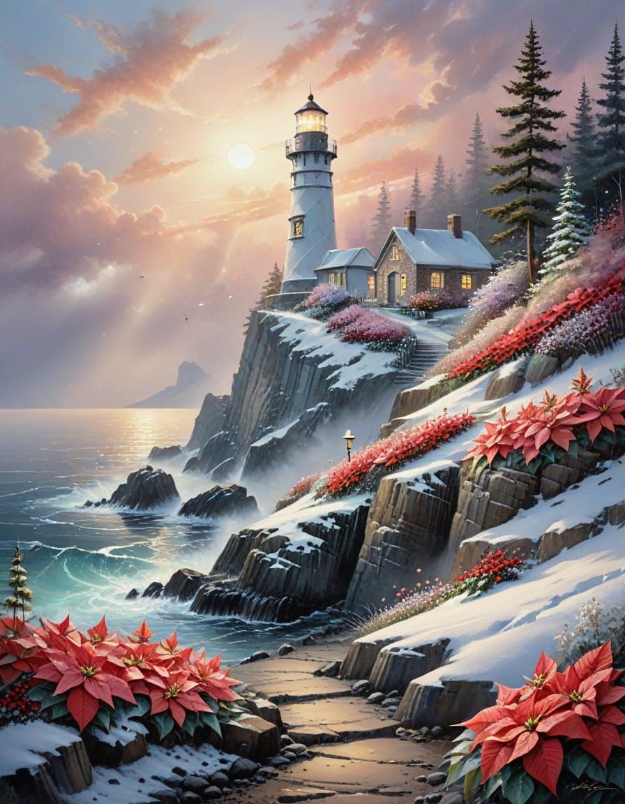 Lighthouse in Snow with Poinsettias, Watercolour Style
