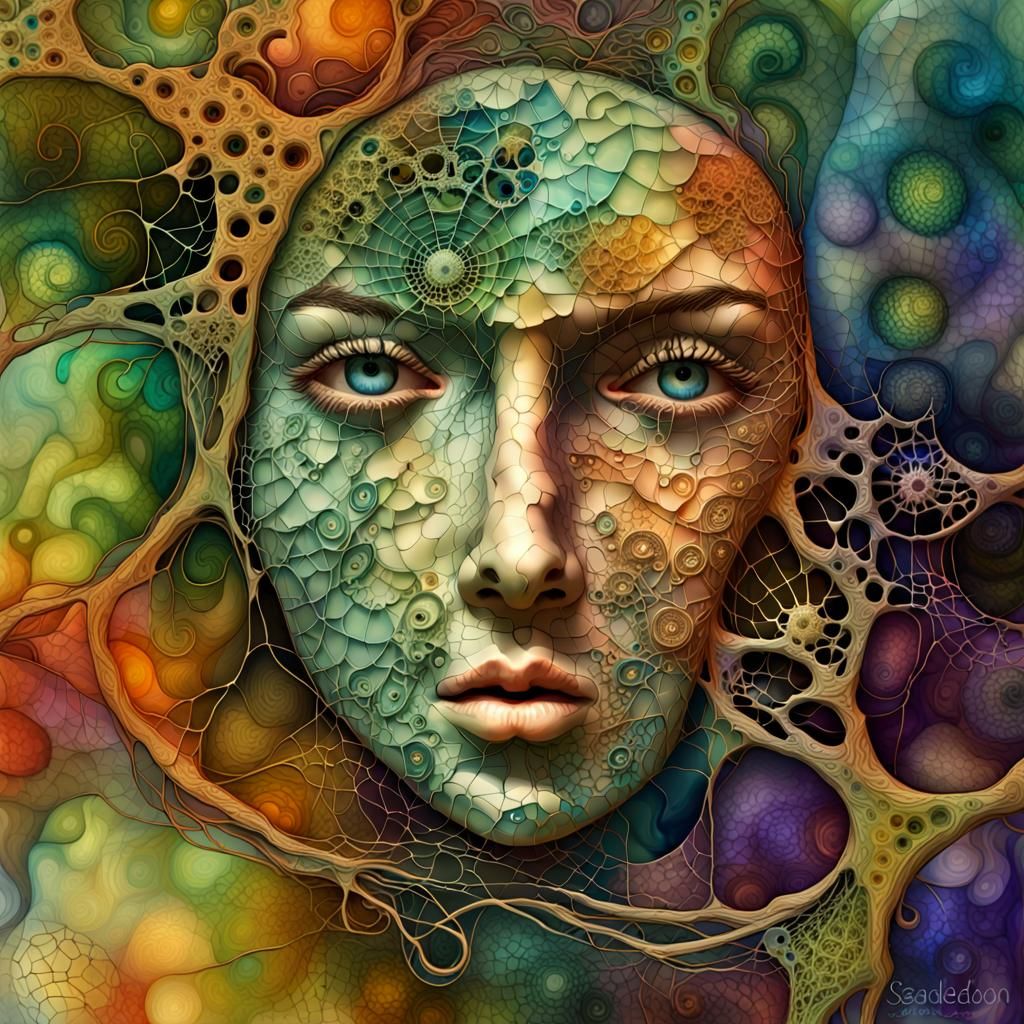 Abstract Digital Art Face with Swirling Organic Shapes