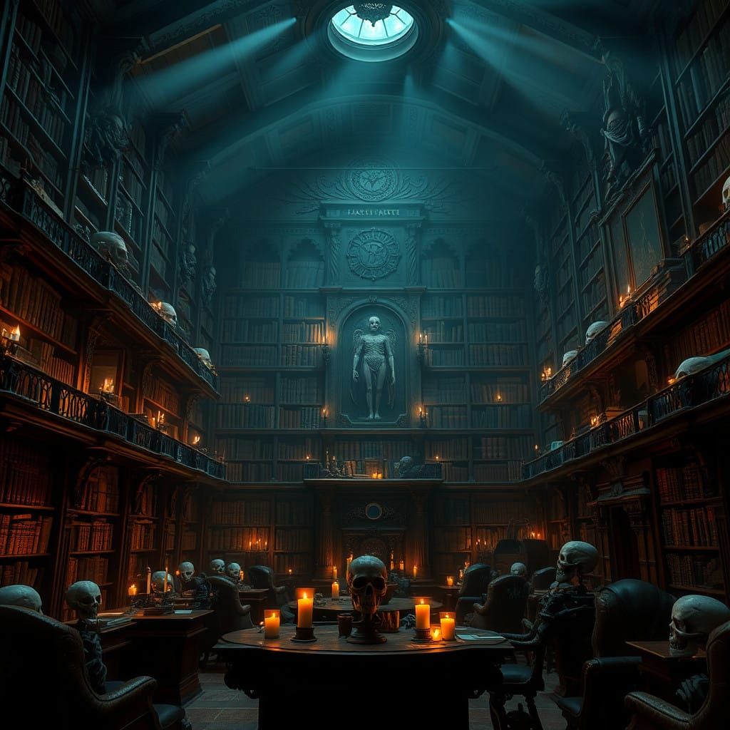 Eerie Abandoned Library with Skeleton Heads in a Haunted Atm...