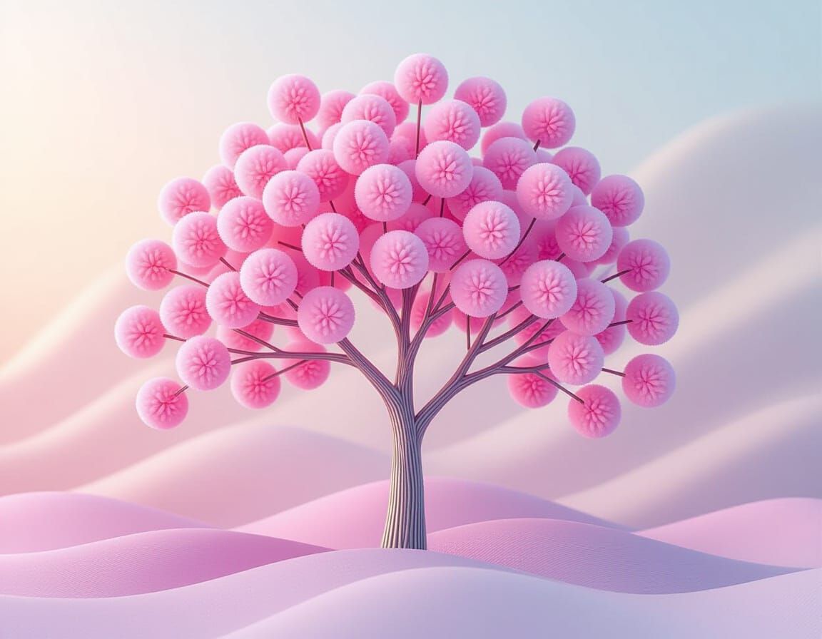 Whimsical Tree with Pink Fuzzy Blossoms in 3D