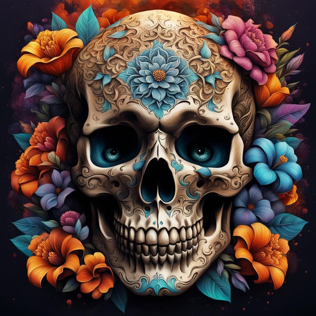 Ornate Skull with Runes and Floral Carvings