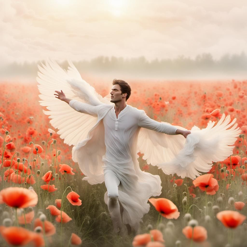 Winged God Soaring Over Poppy Field: Raphaelite Art