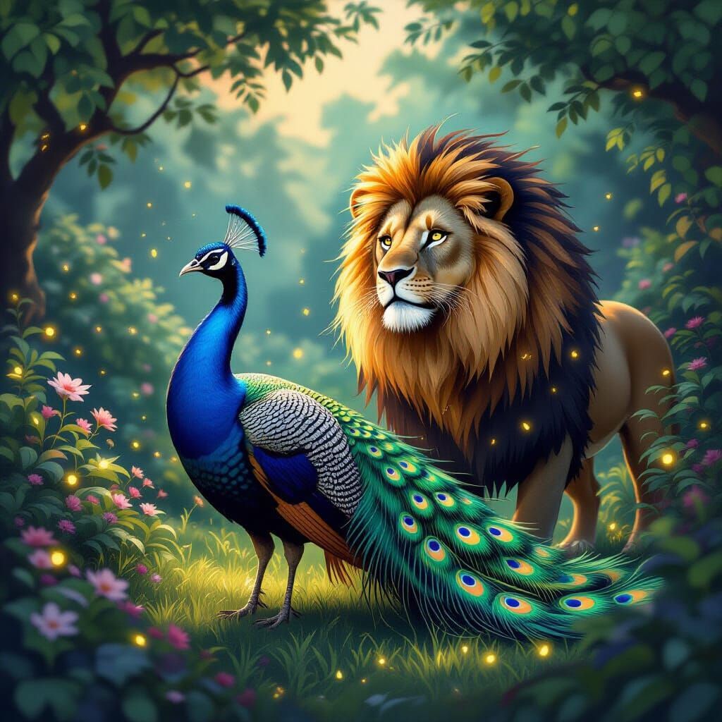 Peacock Transforms Into Lion in Enchanted Garden