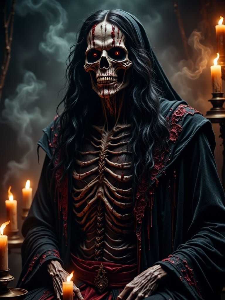 Hyper-Realistic Undead Necromancer in Dark Mystical Setting
