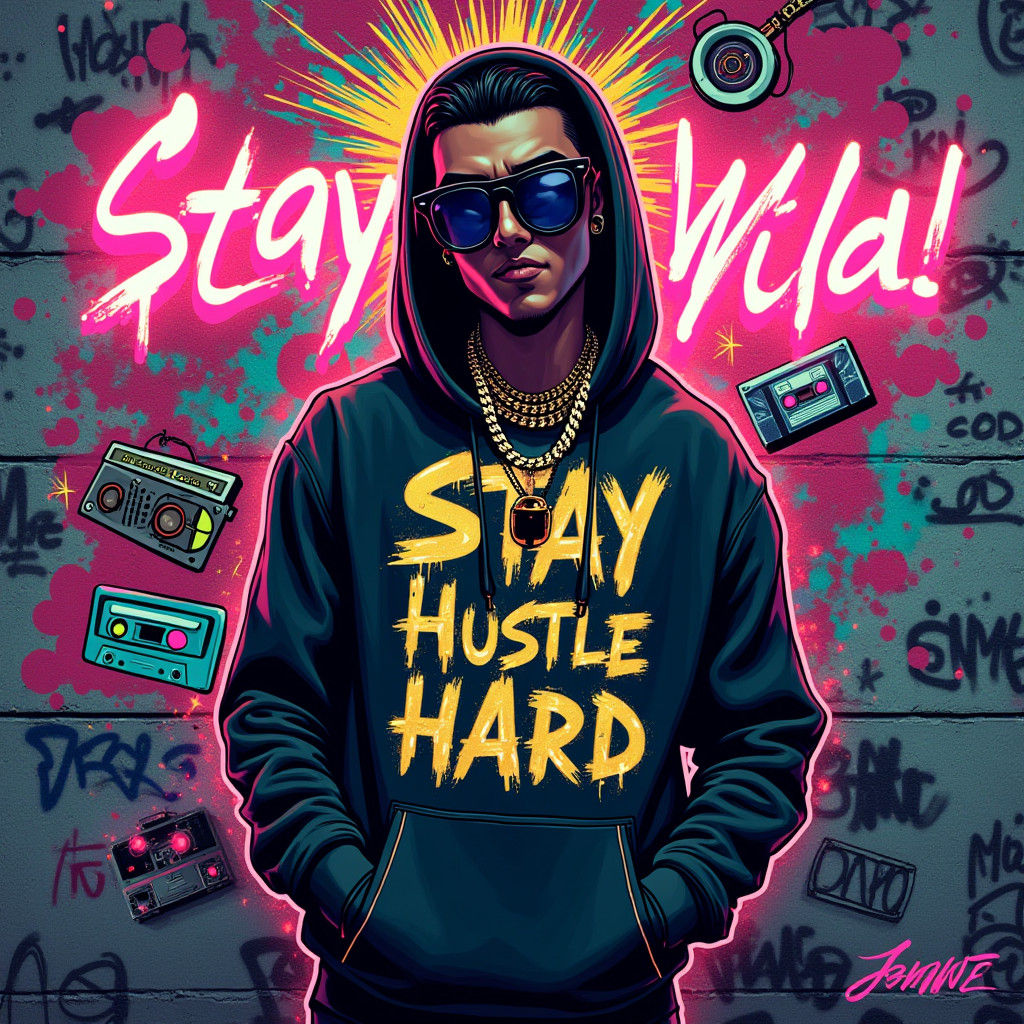 Bold Character in Graffiti Cityscape, Street Art Style