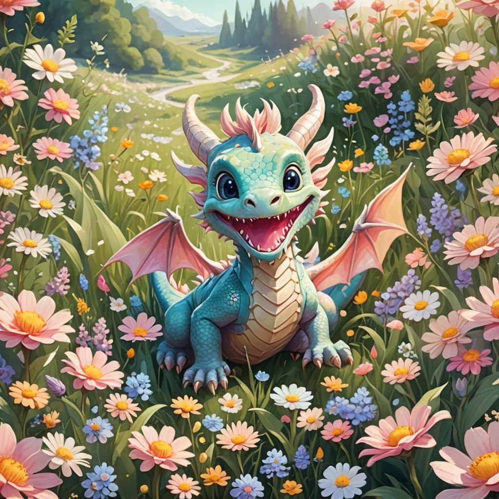 Cute Dragon in Flower Field Illustration