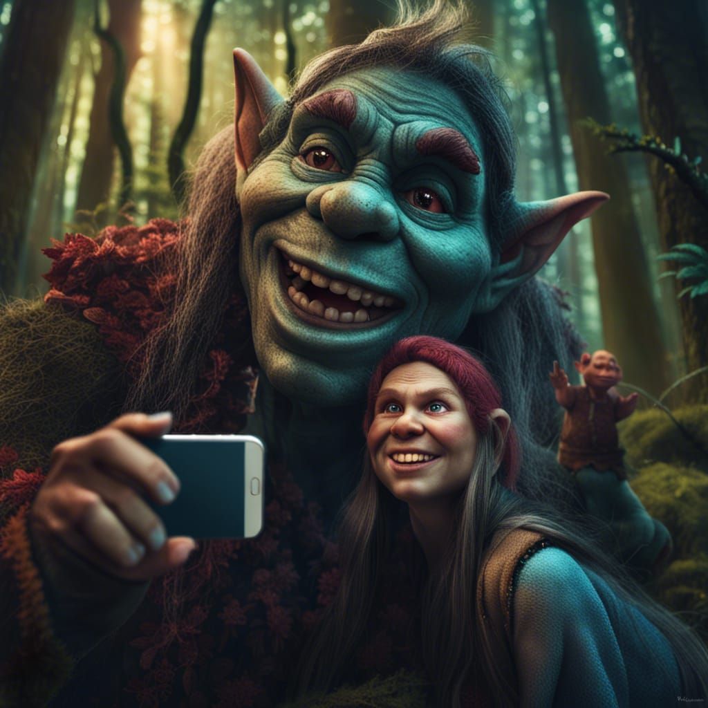 Woman's Forest Selfie with Grumpy Troll