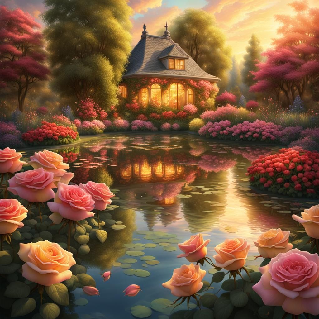 Rose Garden Pond in Triadic Colors Style