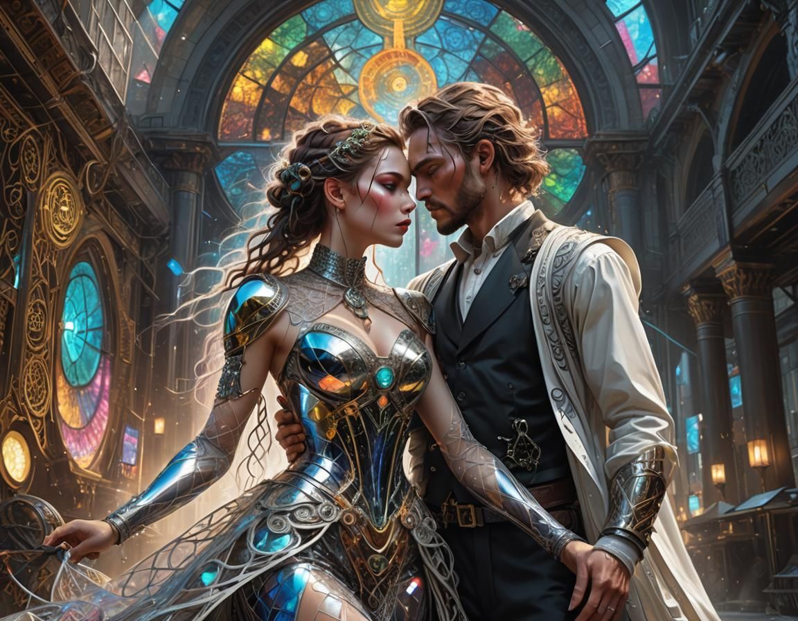 Cyberpunk Couple Kissing with Flowing Energy