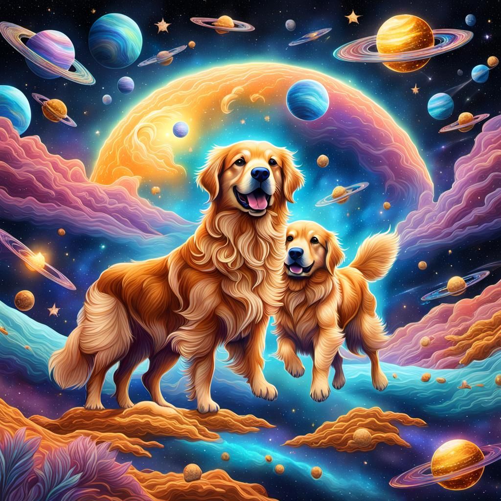 Golden Retrievers' Space Adventure in Astral Illustration