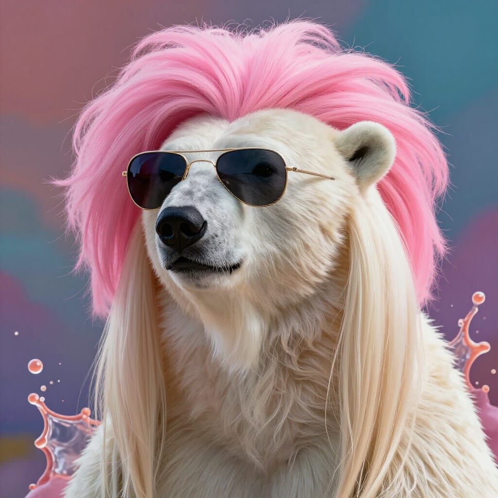 Polar Bear with Blonde Hair and Pink Afro Wig