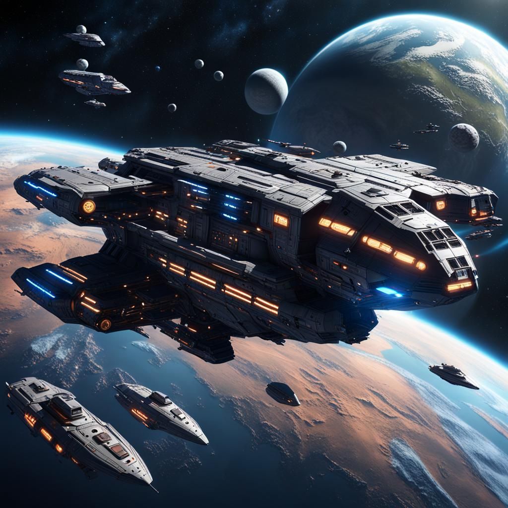 Terran Cargo Starship Soaring Past Distant Planet