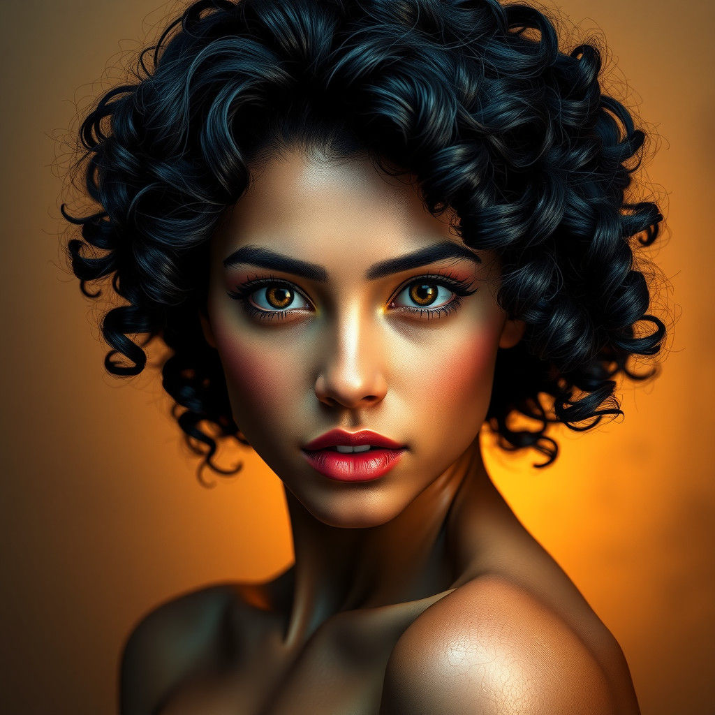 Latina Woman Portrait with Curly Hair, Art Nouveau Style