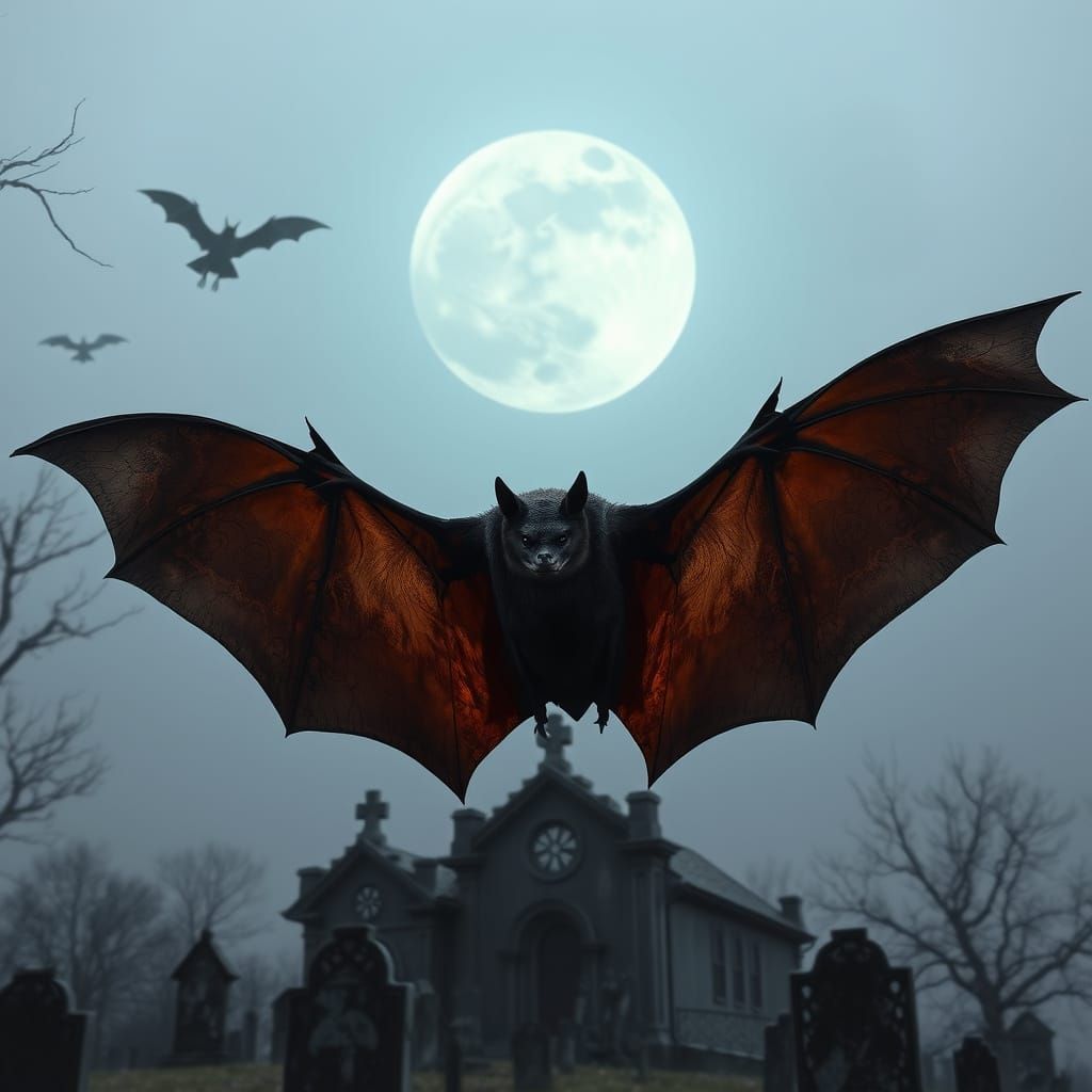 Giant Bat Over Haunted Cemetery Under Grey Moon