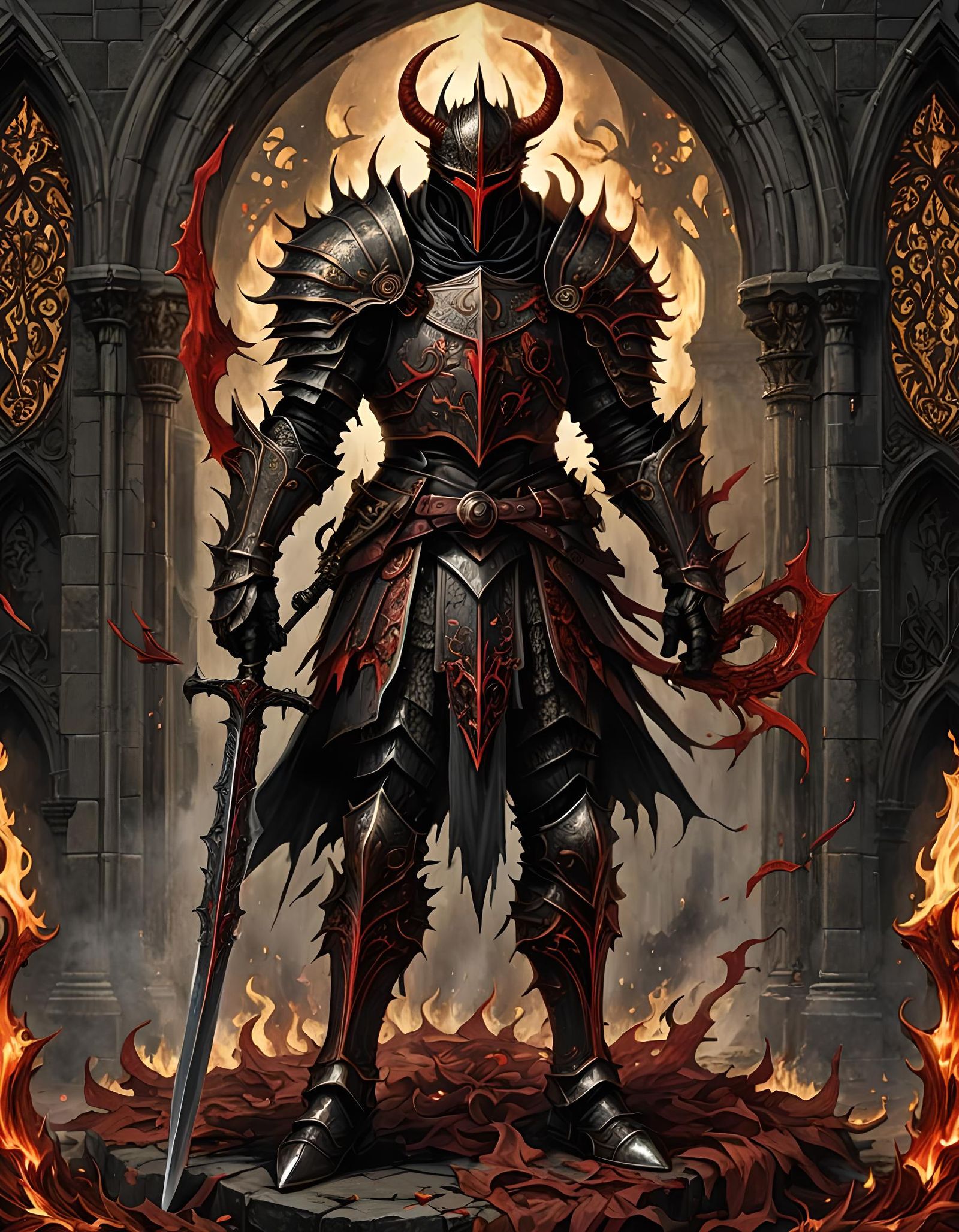 Gothic Demon Knight with Flaming Scythe