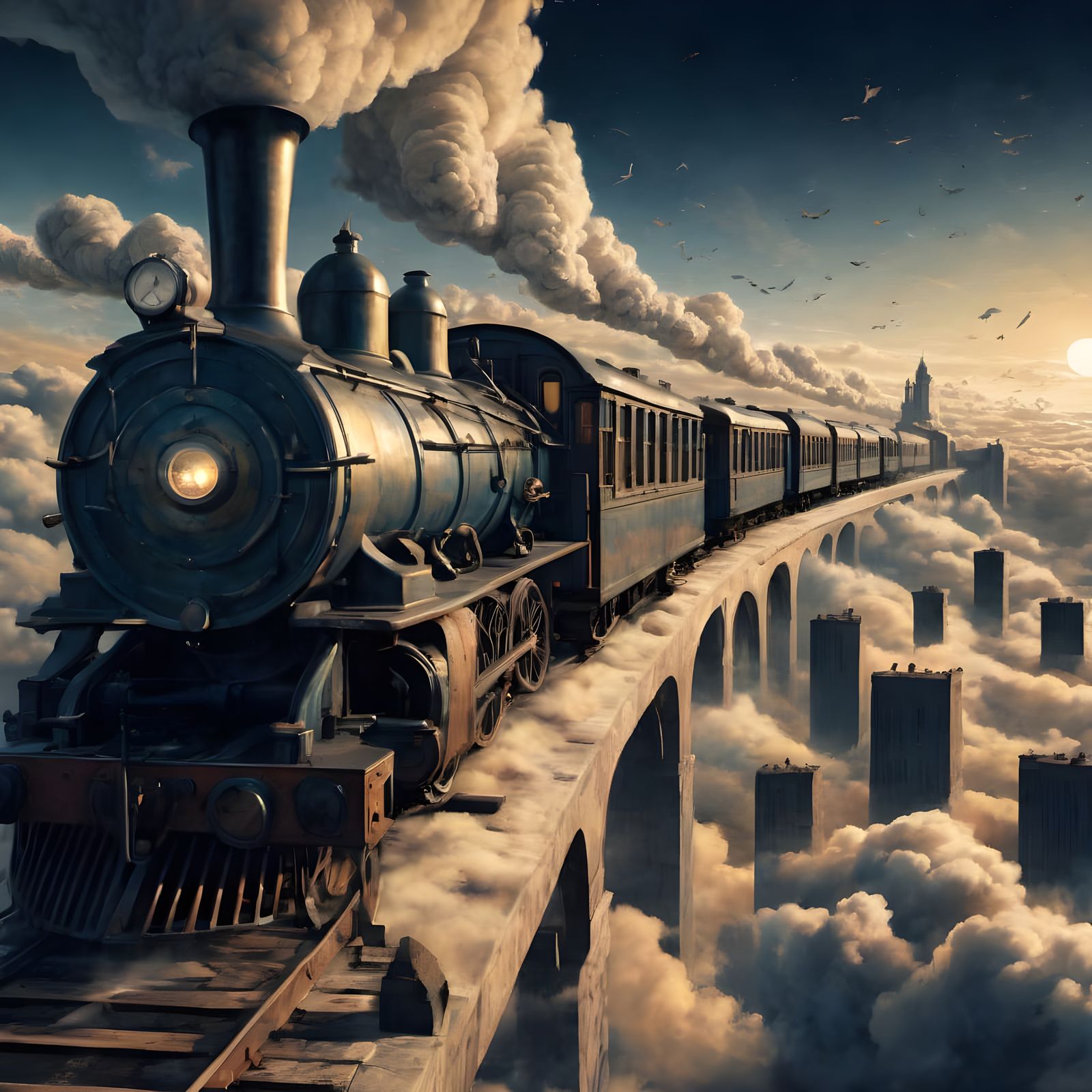 Hyperrealistic Train in a Dreamlike Sky