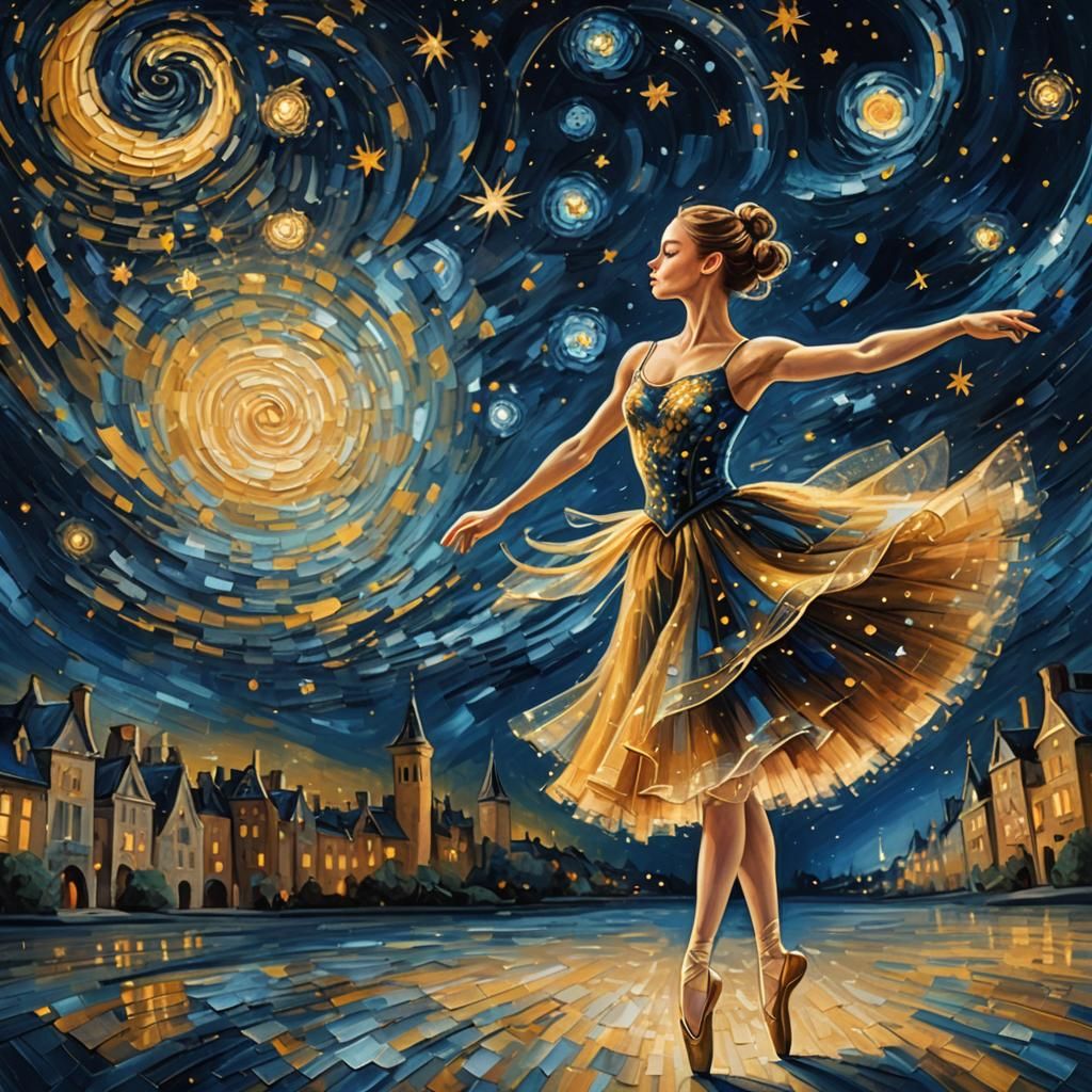 Ballerina Dancing Under Starry Night Sky as Post-Impressioni...