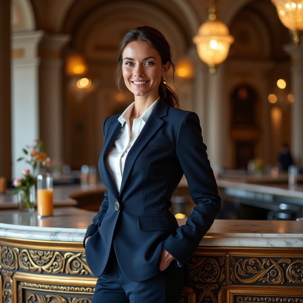Elegant Woman Behind Luxurious Venetian Counter