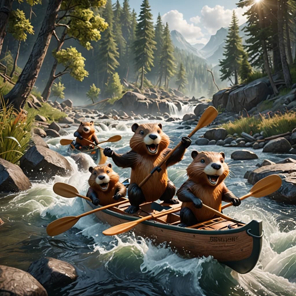 Beavers Canoeing in Rapids: 3D Game Cinematic