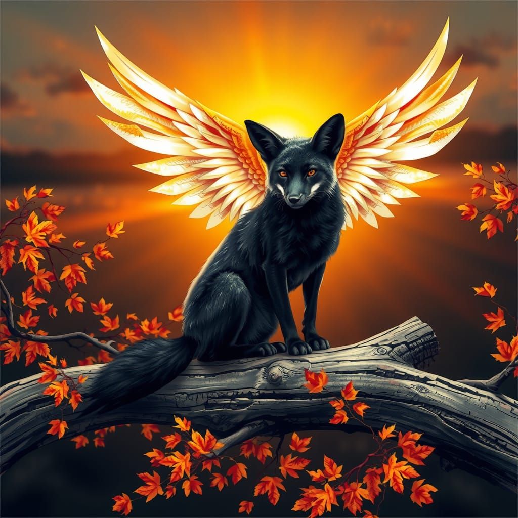 Winged Fox in Autumnal Street Art Style