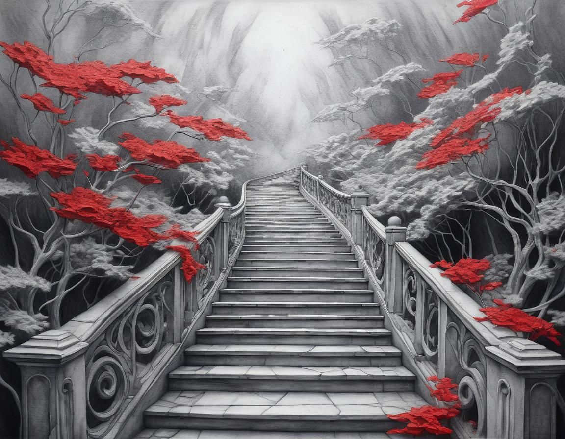 Ethereal Stairway to Explosions in Art Nouveau Style