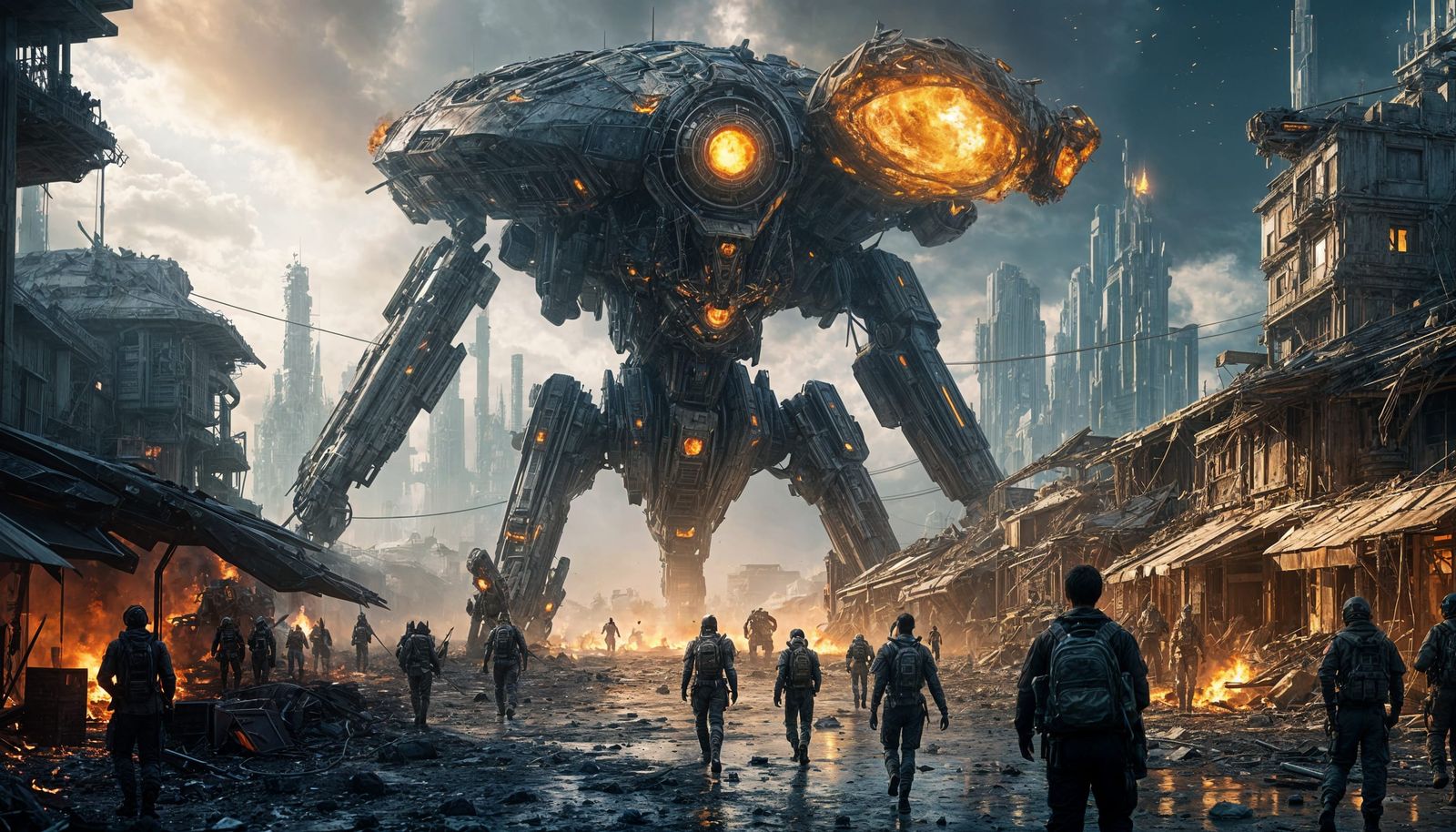 Battle Mech Emerges from Burning Alien City
