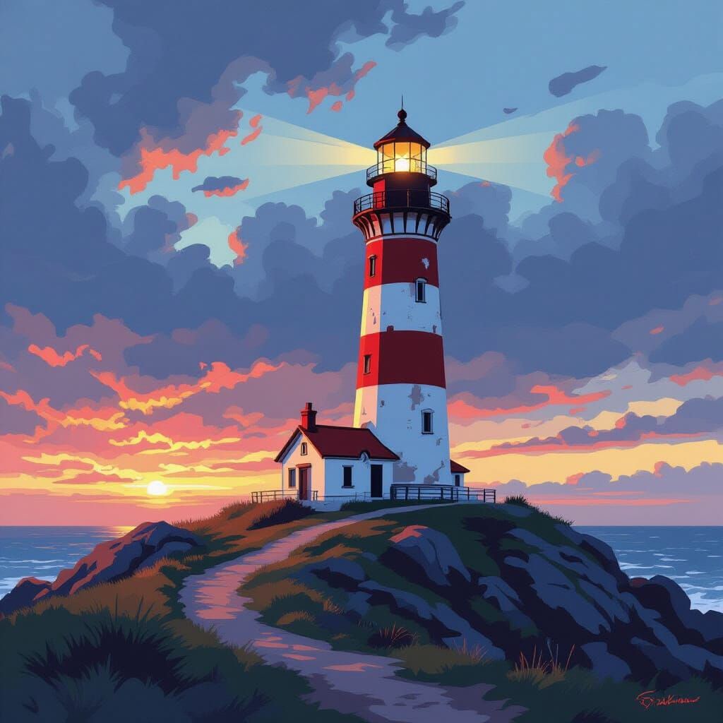 Red and White Lighthouse Painting in Impressionist Style