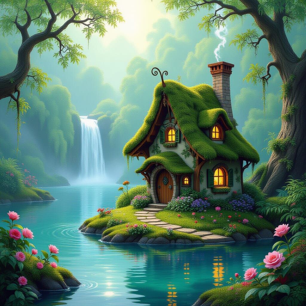 Fairy House by Magical Lake in Ethereal Style
