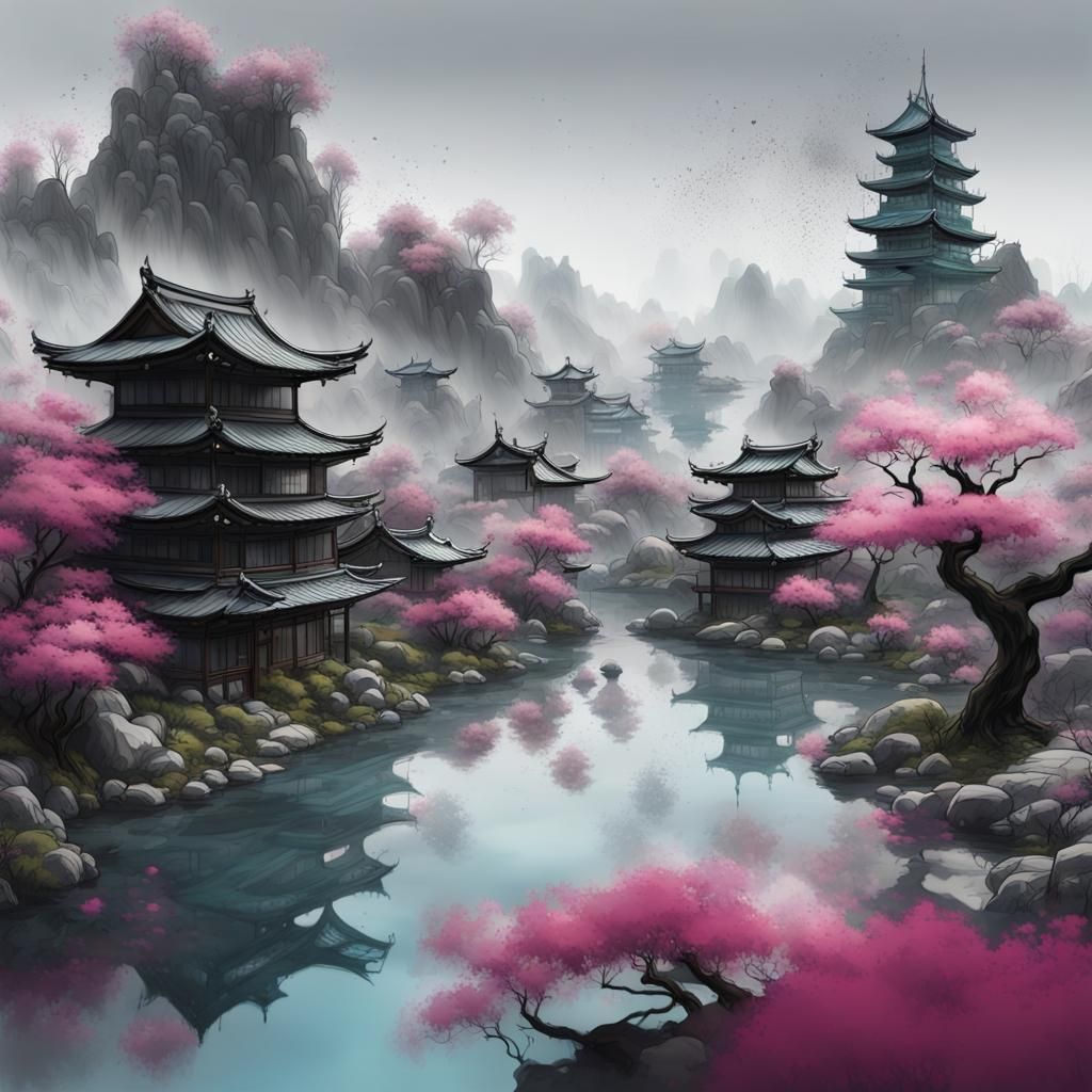 splatter ink japanese style of a landscape in muted softer h...