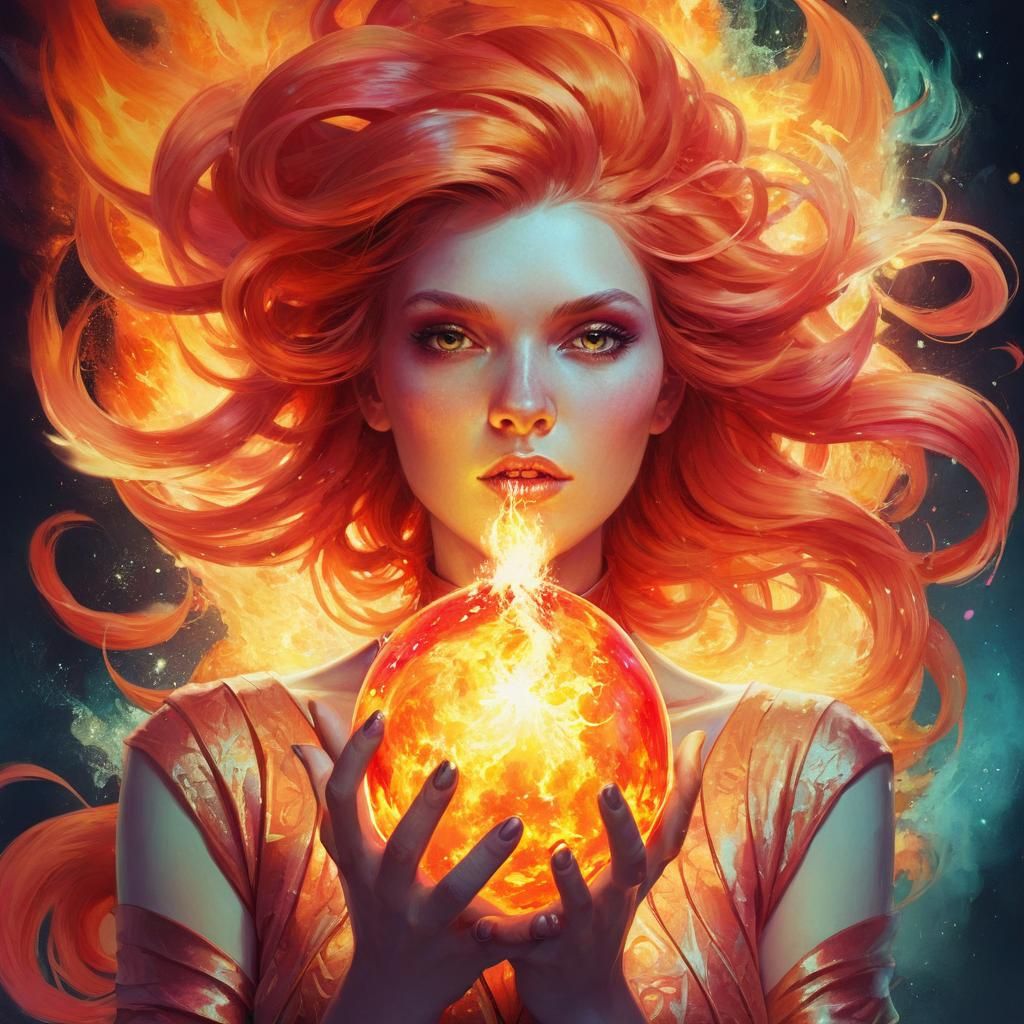 Sorceress Portrait with Fireball in Pop Art Style