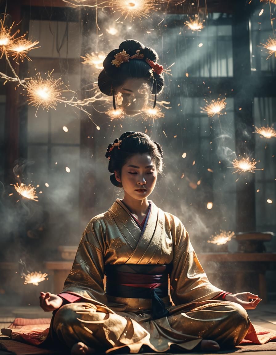 Geisha Meditating in Double Exposure, Cinematic Film Still