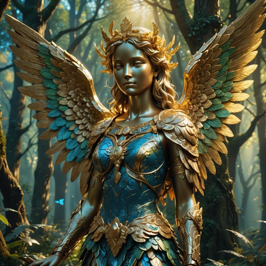 Golden Angel Statue in Mystical Forest, Art Nouveau