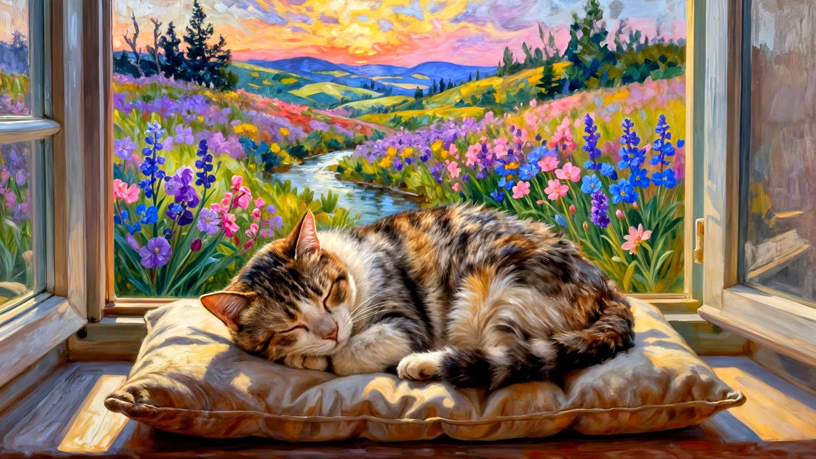 Sleeping Cat on Cushion in Sunset Landscape Oil Painting
